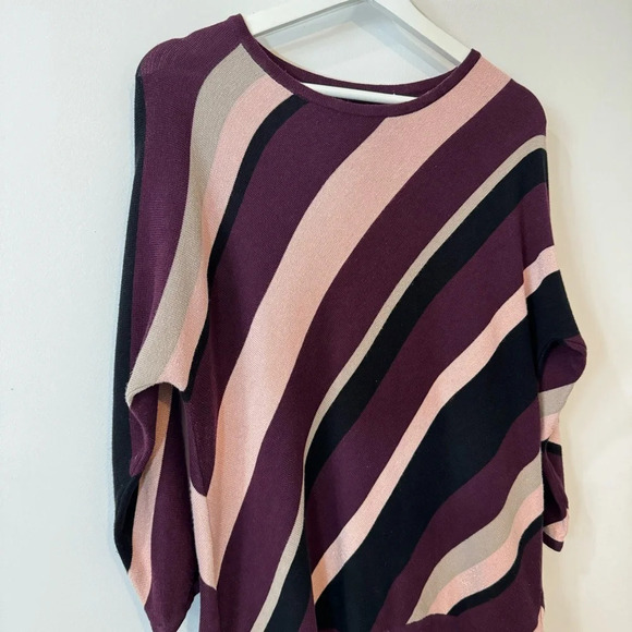 Allison Daley Sparkly Pink and Burgundy Wide Striped 3/4 Sleeve Sweater - Picture 3 of 17